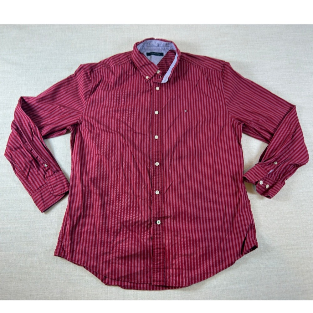 Tommy Hilfiger Mens Red Striped Long Sleeve Button Down Shirt XL